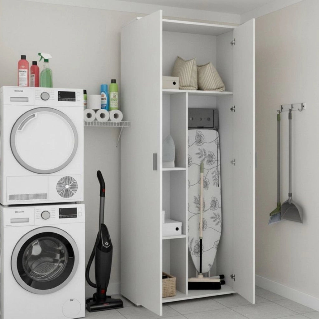 Armadio multiuso Arna, Mobile multifunzione portascope, Guardaroba a 2 ante, 78x35h190 cm, Bianco