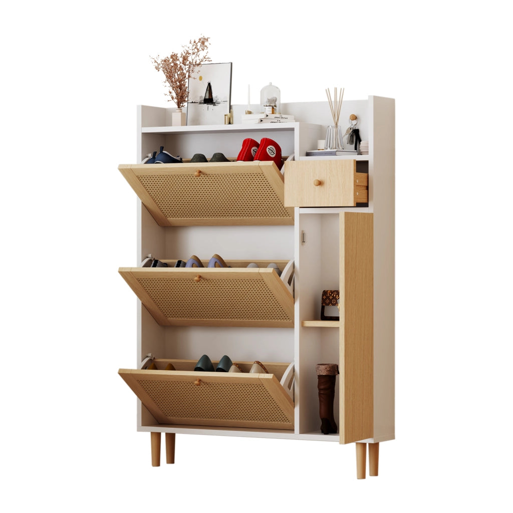 OKWISH Scarpiera con 3 Ante a Ribalta e 1 Cassetto, Ripiani Regolabili, per Ingresso, MDF, Naturale e Bianco, 90 x 17 x 125 cm