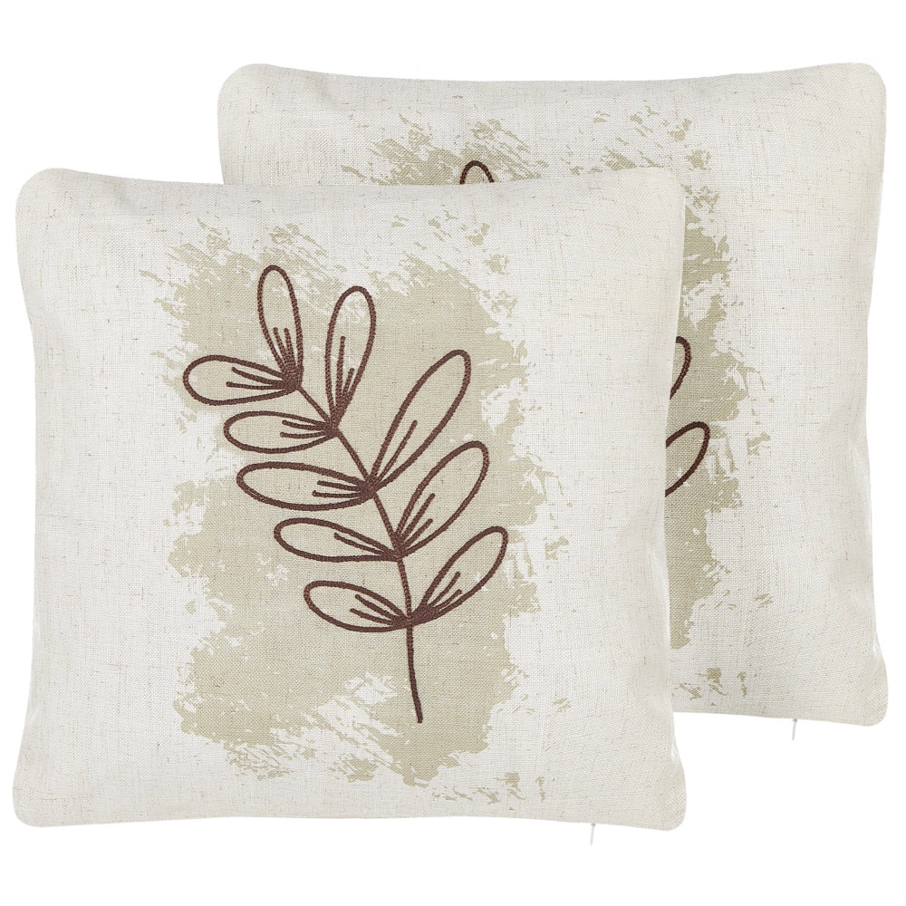 Set di 2 cuscini in misto poliestere beige 45 x 45 cm decorativo morbido accessorio per la casa foglia ricamata