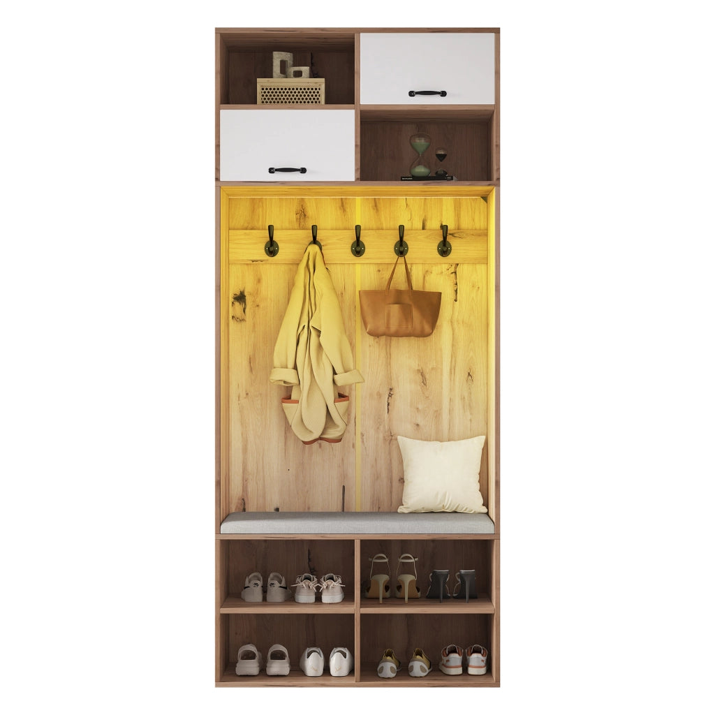 Set Ingresso con Panca, Appendiabiti, Ante e Ripiani ¨C MINIMAL ¨C Bianco/Legno, 80x185x35 cm