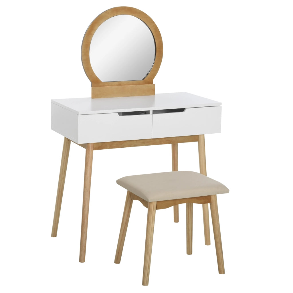 Scrivania con Specchio e Sgabello ¨C Xylo ¨C Bianco Legno Pino Chiaro 2 Cassetti