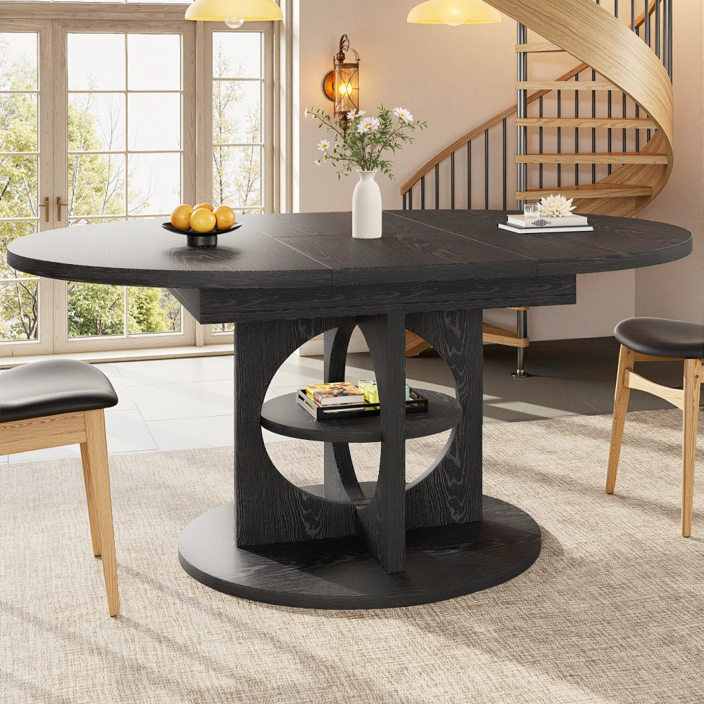 Tavolo allungabile con ripiano centrale, forma rotonda e ovale, moderno, per sala da pranzo e cucina, in MDF nero