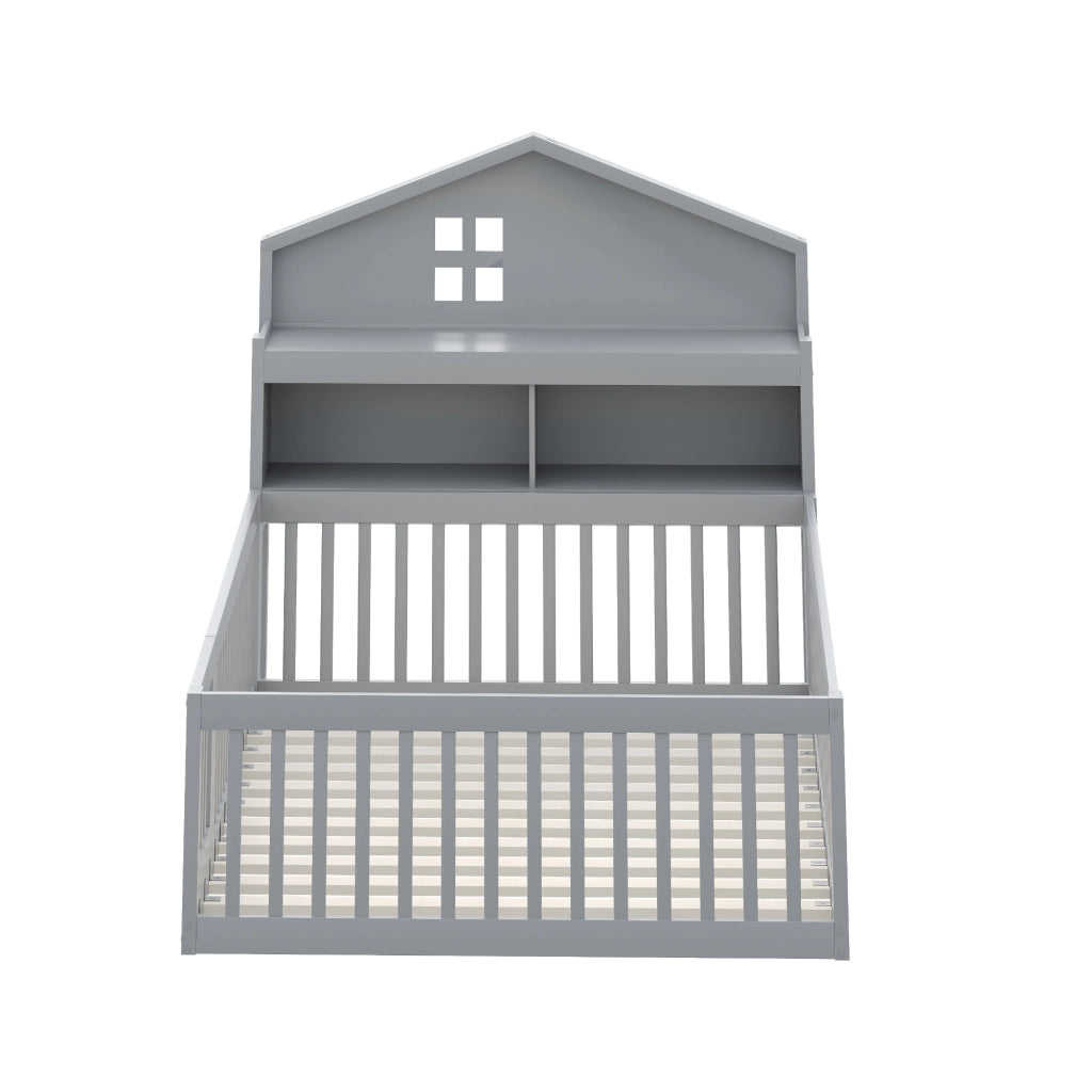 Letto per bambini 140×200 cm a casetta con ripiani e sponde di protezione; rete inclusa; senza materasso; grigio