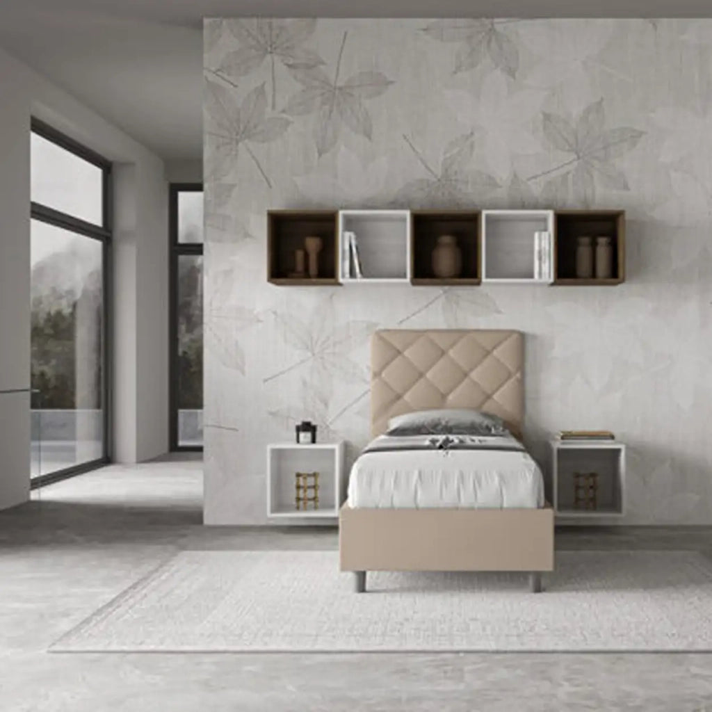 Letto singolo contenitore imbottito 90x200 similpelle tortora Priya