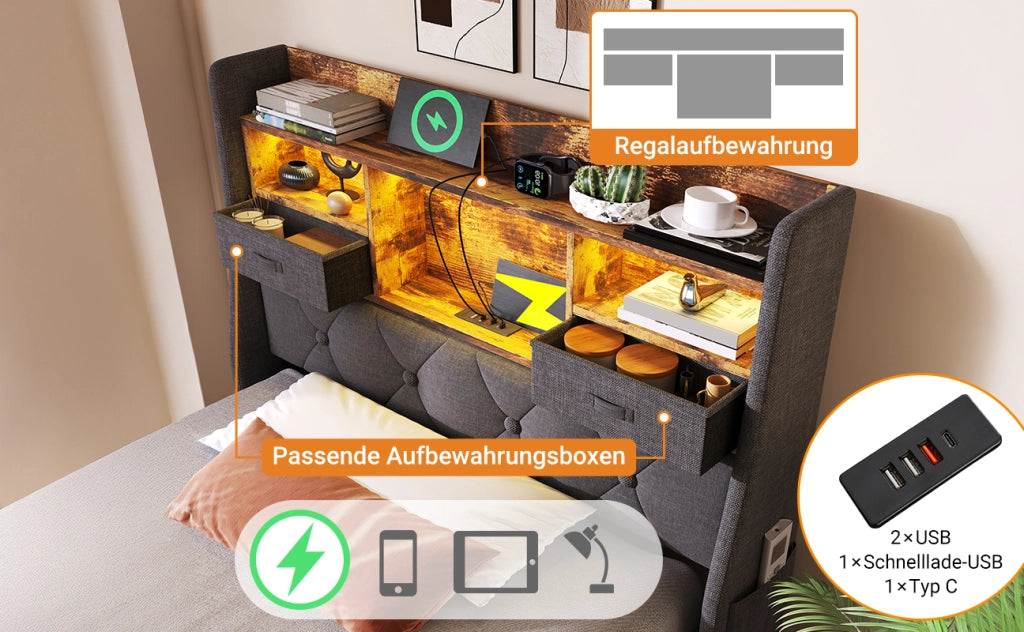 DESMIU Letto imbottito 90 × 200 cm 1 posto con LED, USB, Type-C, vano contenitore idraulico, senza materasso, grigio