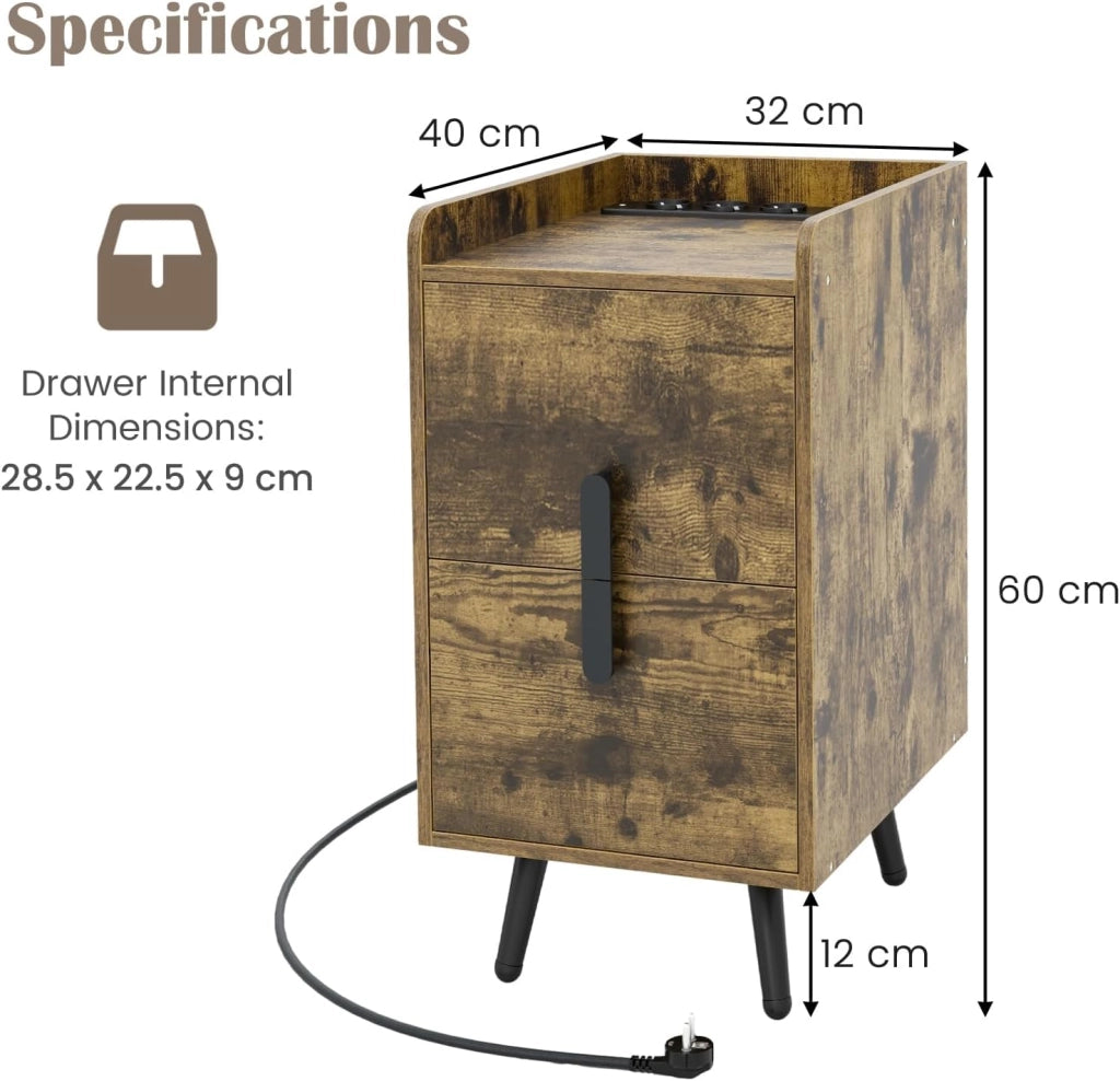 Comodino con stazione di ricarica, tavolino con 2 porte USB e 3 uscite, comodino con 2 cassetti, comodino per camera da letto, soggiorno, 32 x 40 x 60 cm (Industiral-2), QD09474