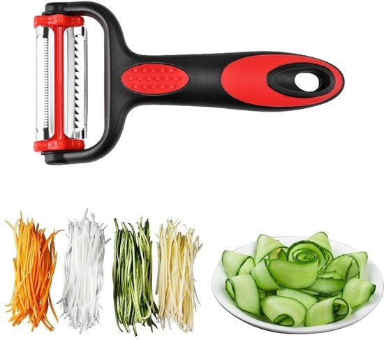 Schiuma Tridirezionale Rotativa per Verdure e Frutta - Manico Ergonomico - Materiale Plastico/Acciaio Inossidabile - Dimensioni 14 x 7,1 cm - Facile da Pulire