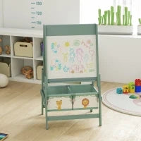 Lavagna per Bambini 3 in 1 con Cavalletto, Rotolo di Carta e 2 Cestelli, in Legno, 54x46x94 cm, Verde