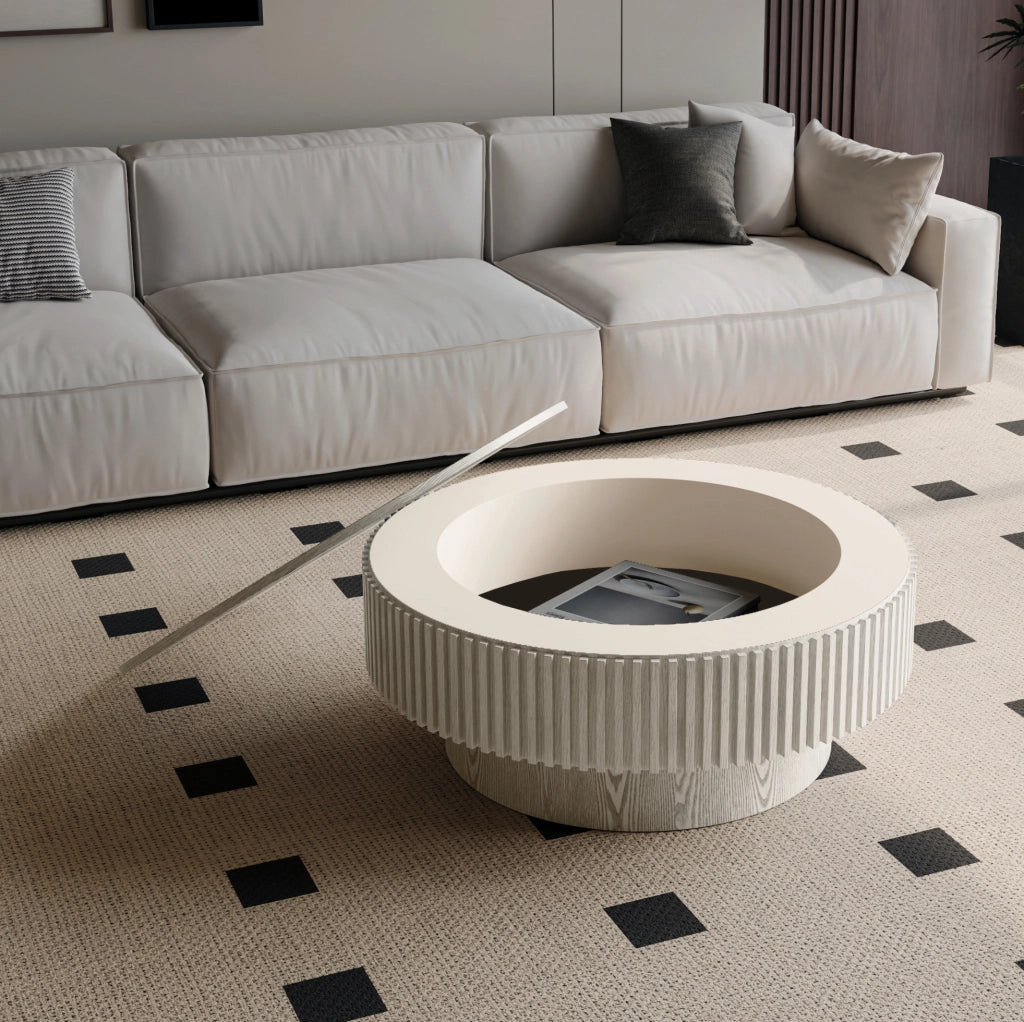 Tavolino da caffè rotondo 75 cm con contenitore nascosto in legno e MDF bianco rétro