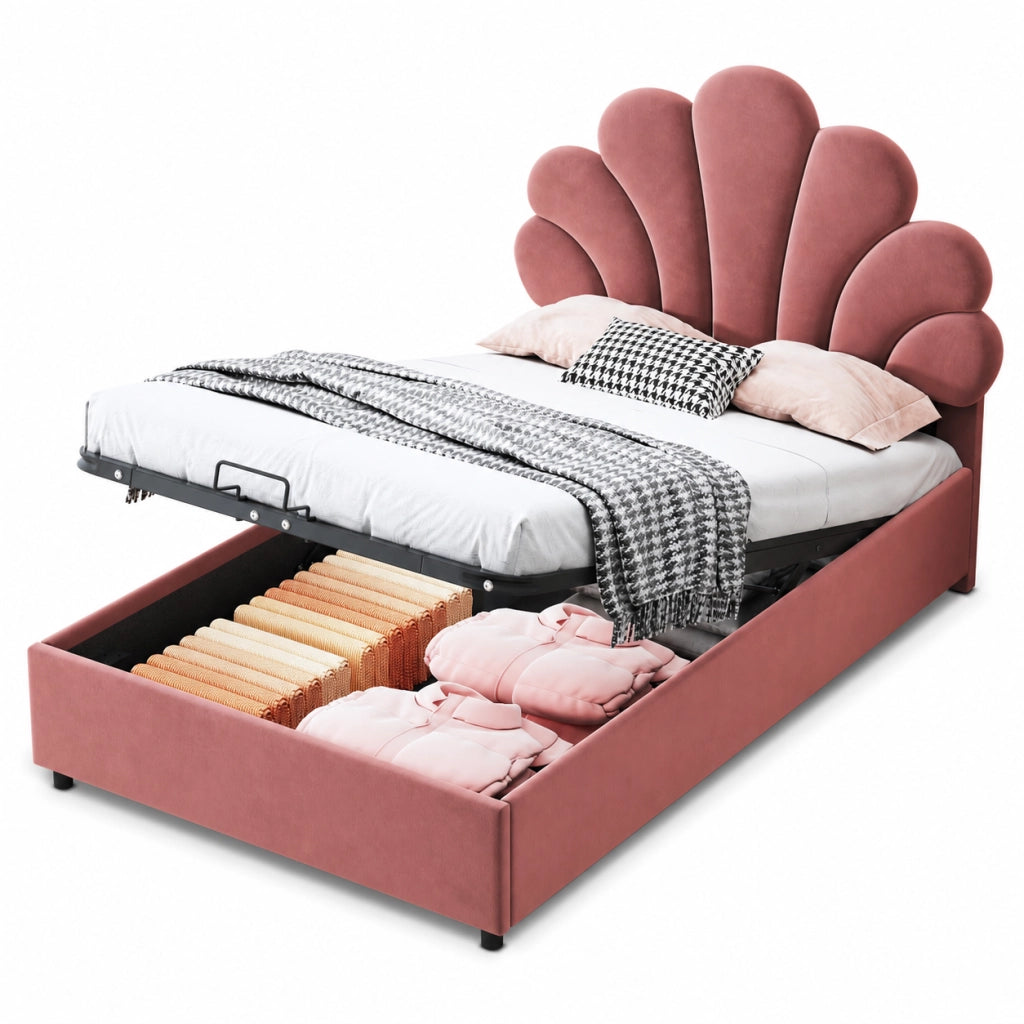 Letti contenitori 90x200 cm; con contenitore e testiera decorativa; velluto rosa (Senza materasso)