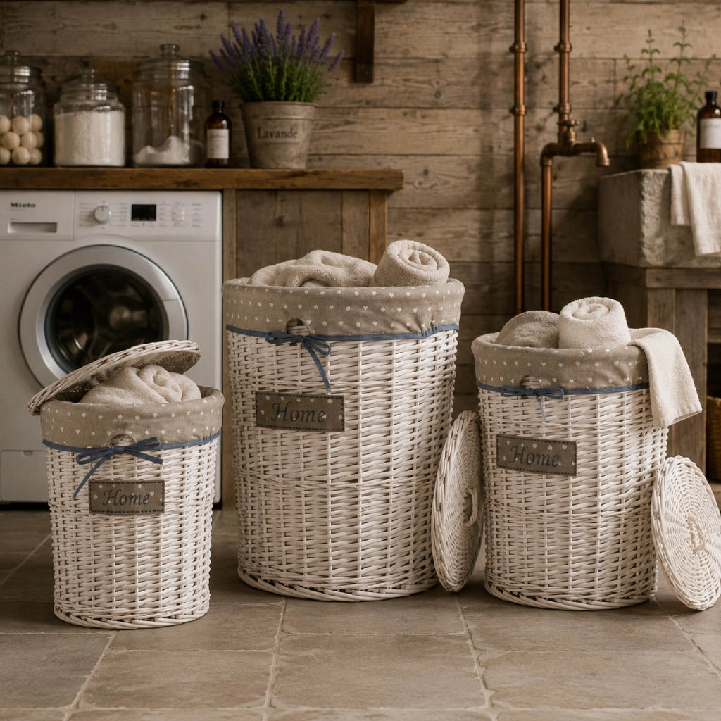 Set 3/5 Pezzi Ceste Portabiancheria in Vimini con Coperchio e Fodera Interna in Tessuto, Contenitori Multiuso per Bucato, Bagno, Lavanderia e Camera da Letto, Design Shabby Chic   3 Ceste QuincyTipo2