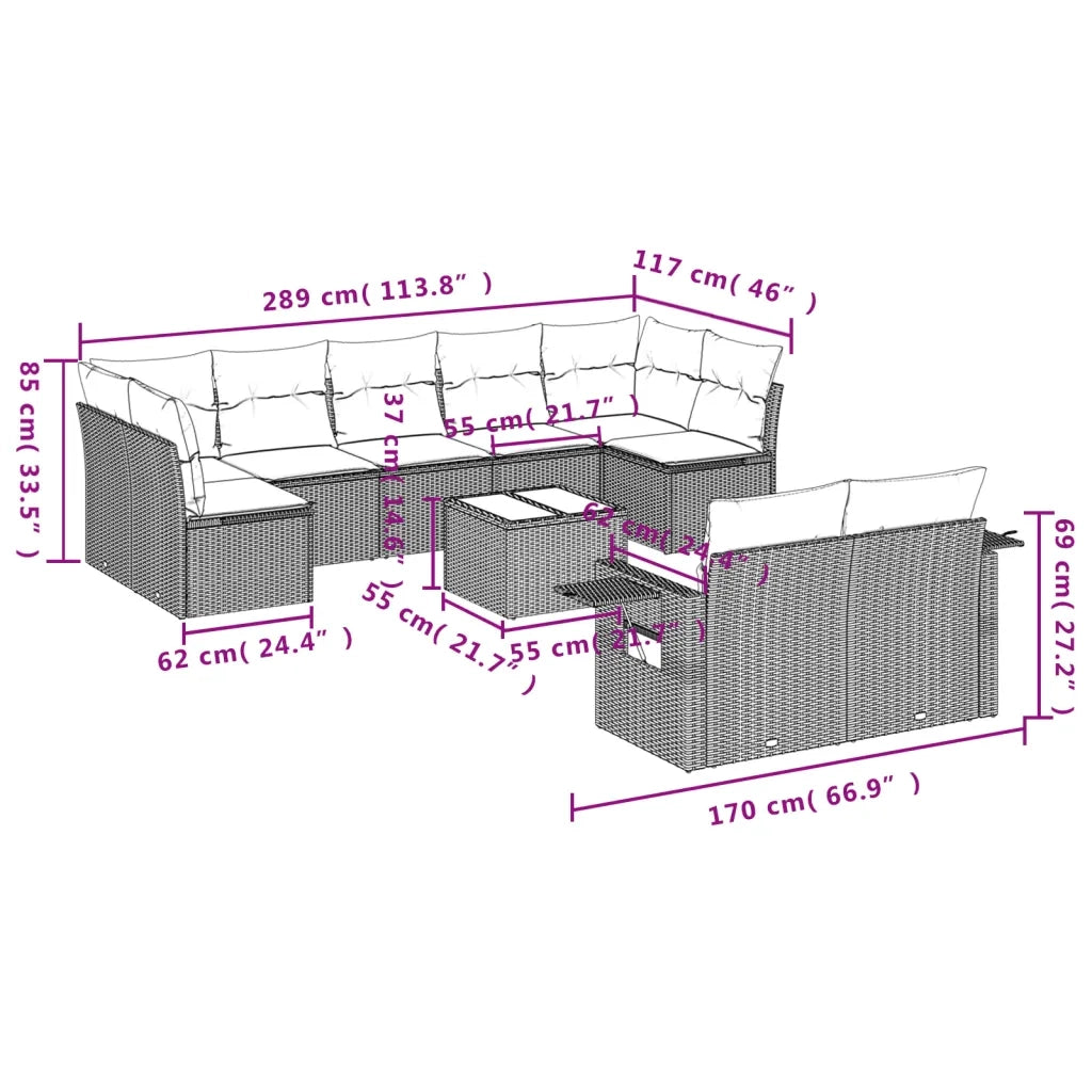 Set Divano da Giardino 10 pz con Cuscini Beige in Polyrattan