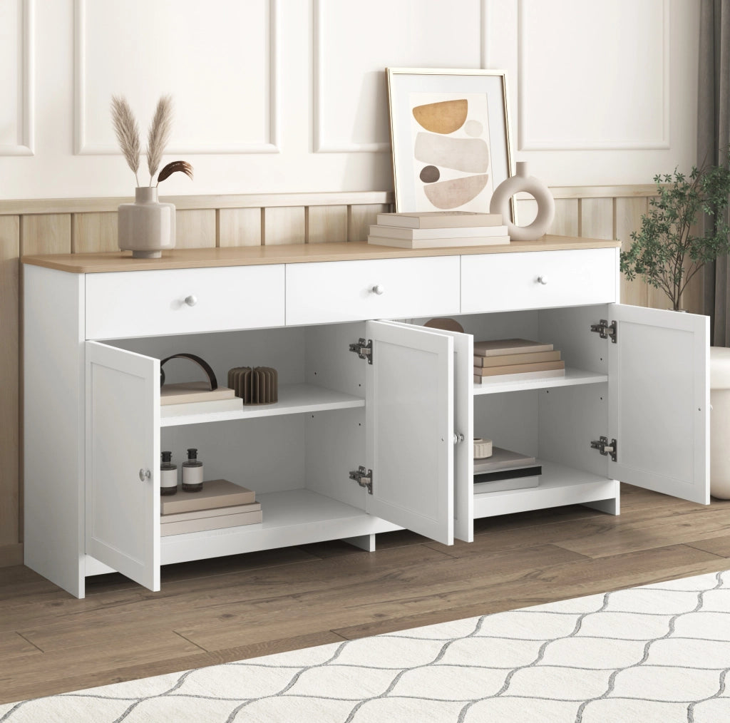 Credenza 160x37x75 cm con 3 cassetti; 4 ante e ripiani regolabili in MDF bianco e naturale
