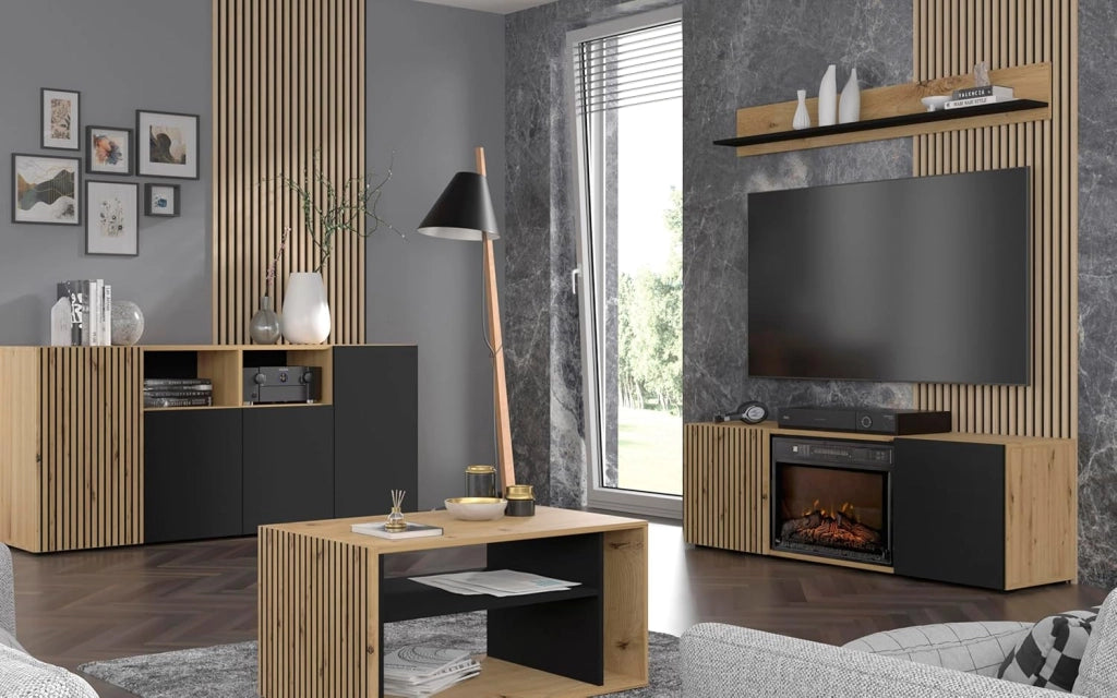 Mobile TV soggiorno cm 148x42x52,20h con caminetto  mod Auris 150 rovere