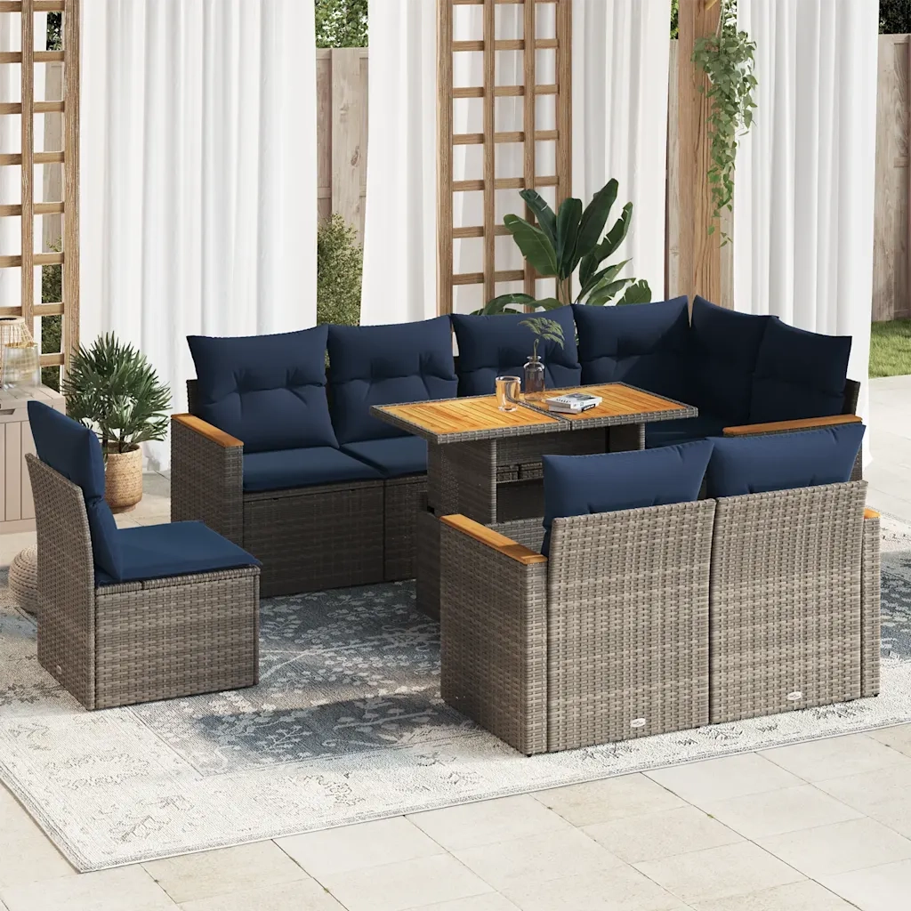 Set Divano da Giardino 9 pz con Cuscini Grigio in Polyrattan 3327505