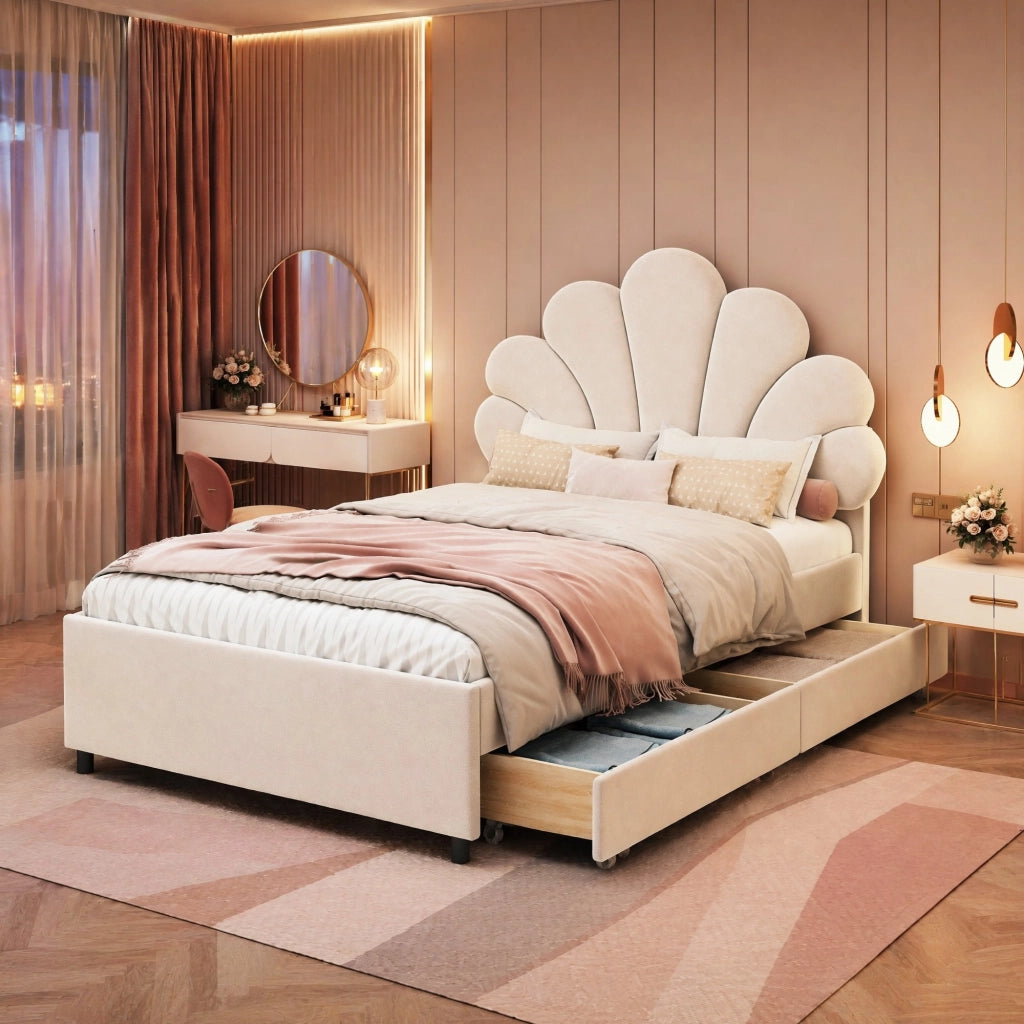 Letto imbottito per bambini 90 x 200 cm in velluto beige con 2 cassetti e testiera decorativa