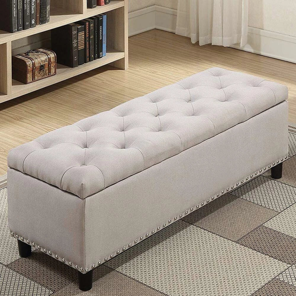 Cassapanca Pouf Contenitore Panca Moderna 121x42 H 43cm con Bottoni Beige