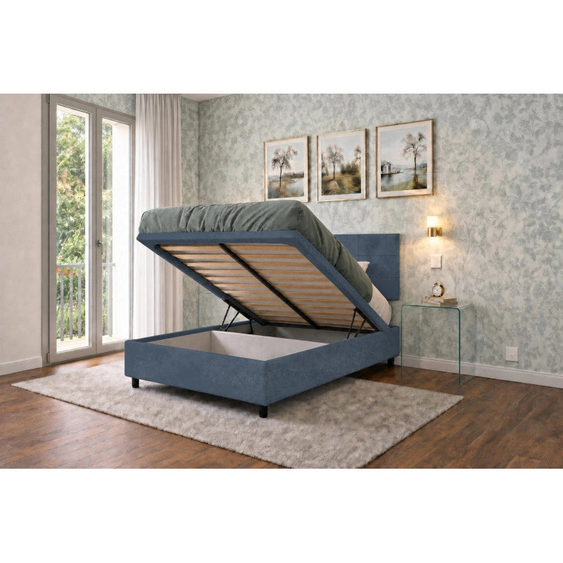 Letto imbottito Piazza e mezzo 120x190 cm Square - Contenitore,Microfibra,Blu