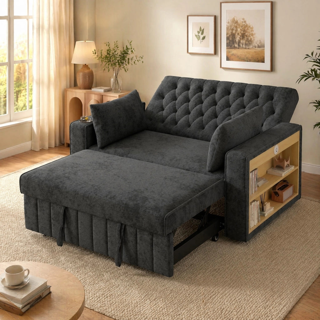 Divano letto 2 posti con funzione letto, USB, portabicchieri e mensola laterale, in Chenille, Grigio