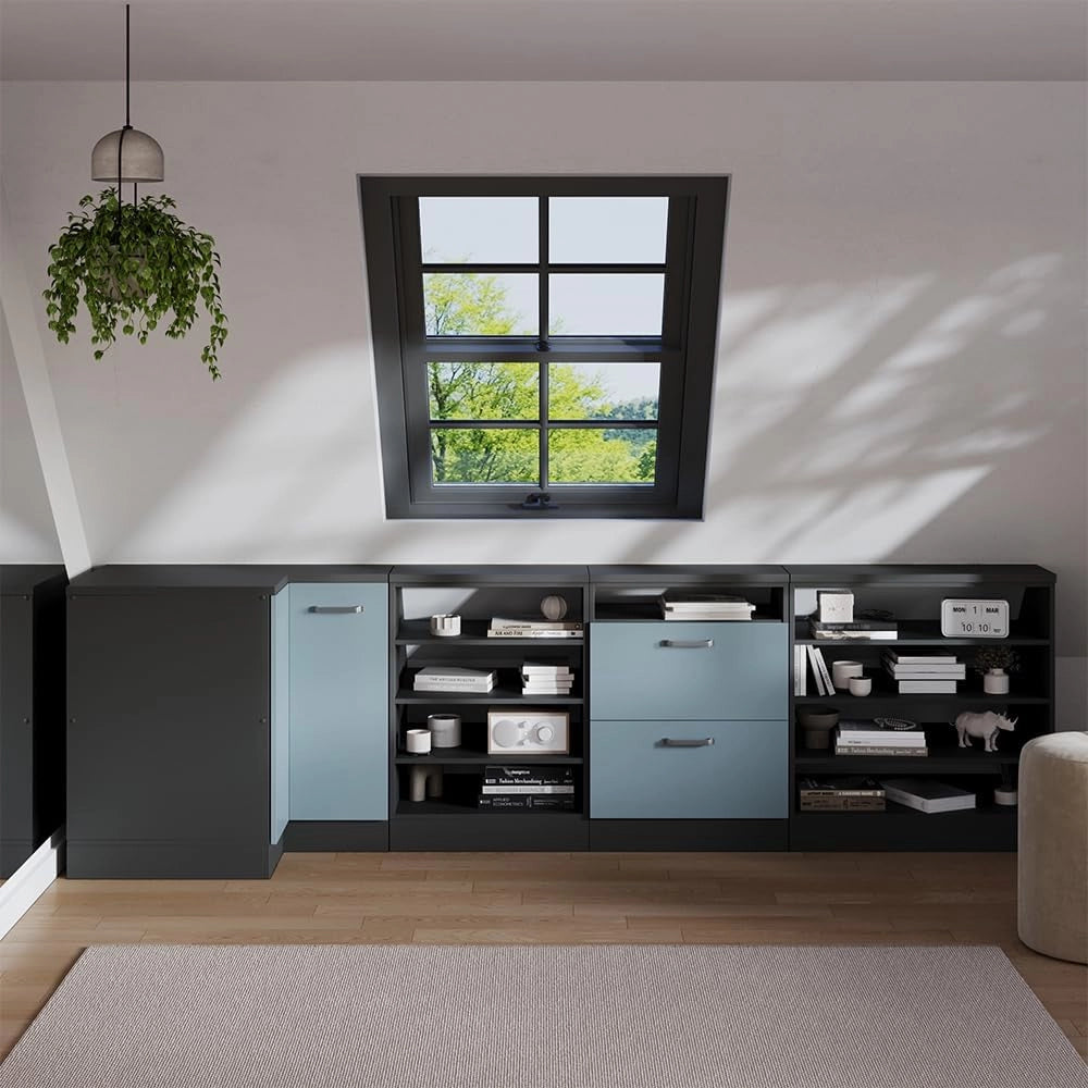 Mobile sottotetto Mobile angolare Rion, Grigio-blu, 75.6 x 81.6 cm con 1 porta, carcassa dell’armadio profondità 60 cm, adatto per il salvaspazio sotto tetti spioventi
