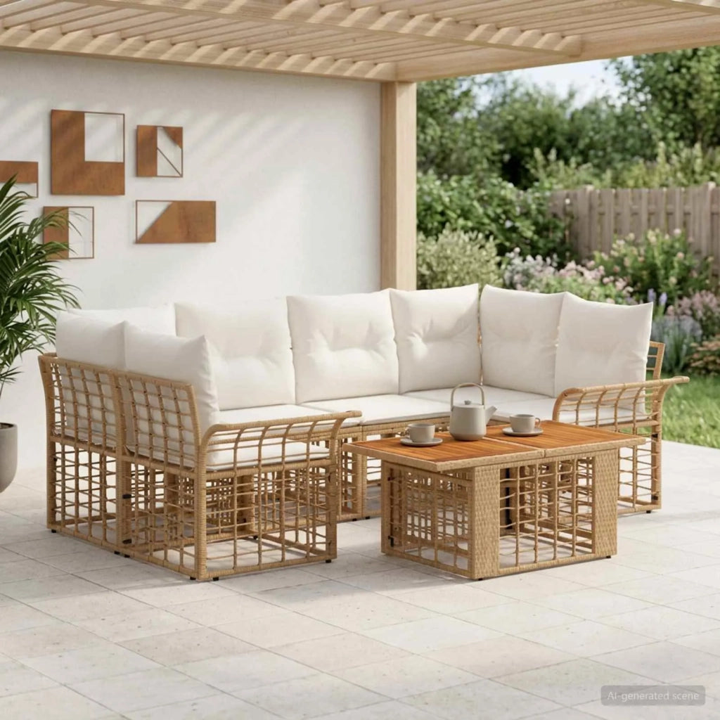 Set Divano da Giardino 7 pz Naturale e Bianco Crema polyrattan 3437952