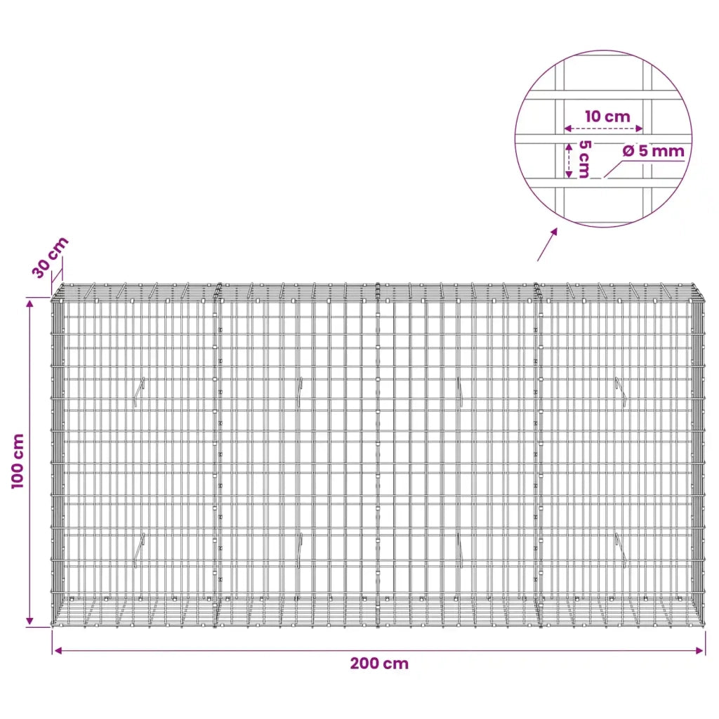 Gabione con Filo da 5 mm e Rete da 5x10 cm 200x30x100 cm 3464638