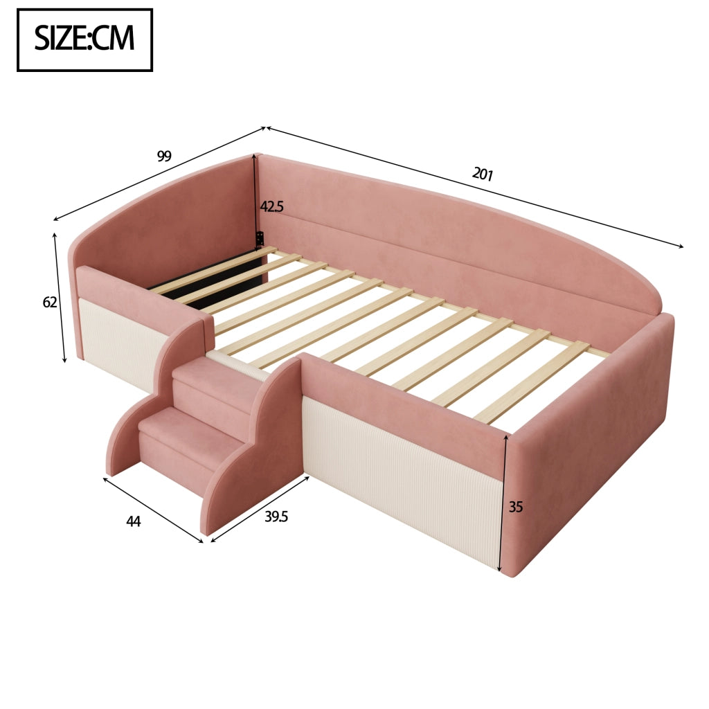 Letto per bambini 90 × 190 cm con scalini antiscivolo e sponda di sicurezza, senza materasso, velluto rosa e bianco crema