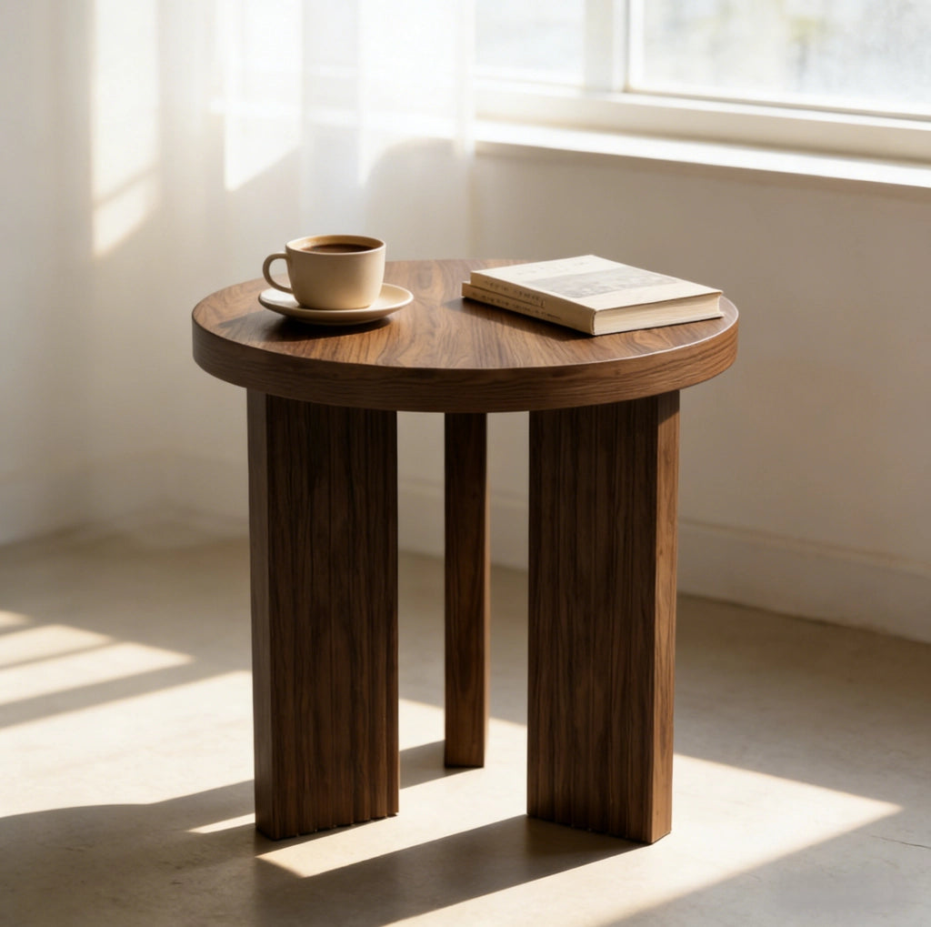 Tavolino rotondo in MDF effetto noce con gambe a treppiede
