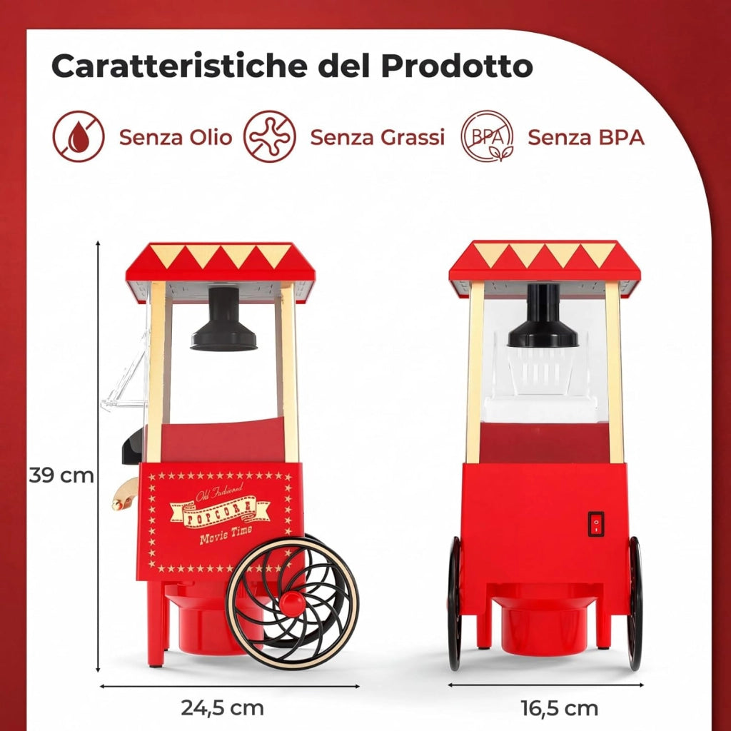 1200W Macchina Pop Corn, Macchina Popcorn ad Aria Calda con Misurino Pronta in 2 Minuti, Senza Olio, Design Retro e Portatile per Serata Cinema Casa