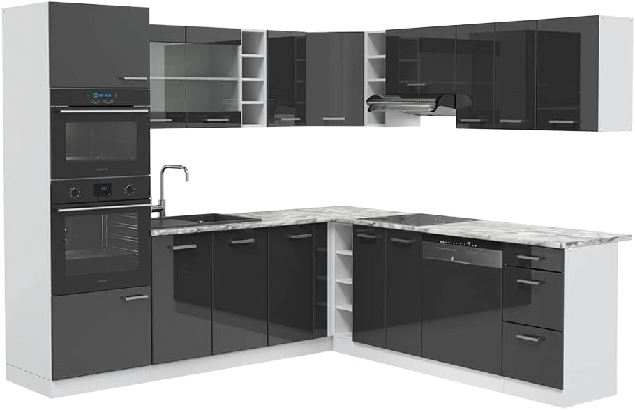 Cucina angolare completa R-Line, Antracite lucido, 247 x 60 cm, PL Marmo, per disposizione flessibile ed espansione modulare