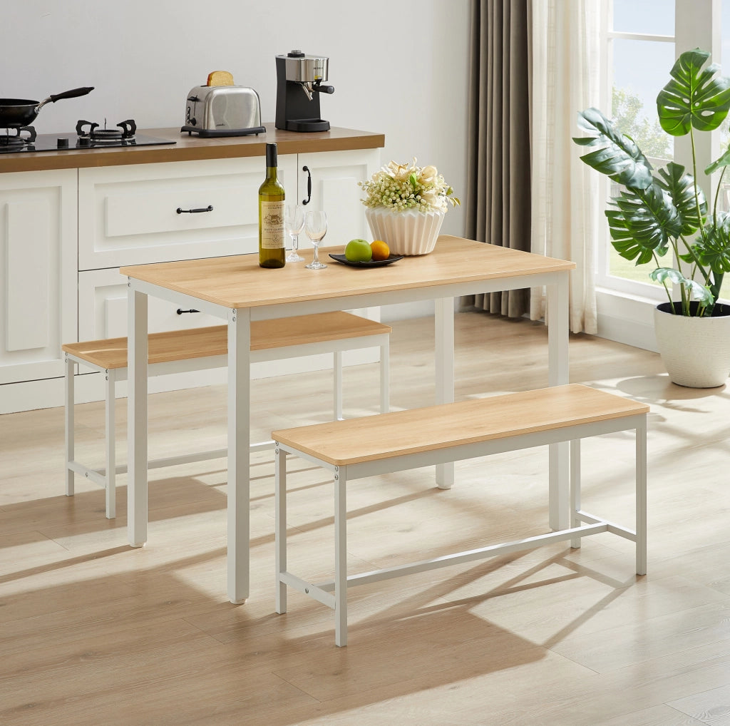 Set tavolo da pranzo con 2 panche 110x60 cm naturale e bianco