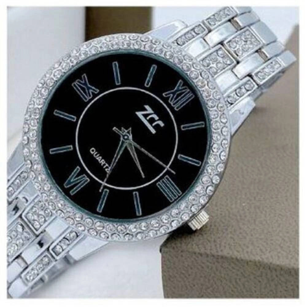 Trade Shop - Orologio Da Polso Zcc 13 Donna Moda Quarzo Acciaio Brillantini Silver Fondo Nero -
