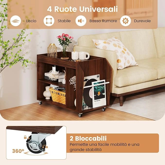 Tavolino da Salotto a 3 Ripiani con Ruote, Tavolino Caffè Laterale in Legno per Soggiono e Studio, Mobile Porta Stampante per Casa e Ufficio, 76 x 39,5 x 55 cm, Noce