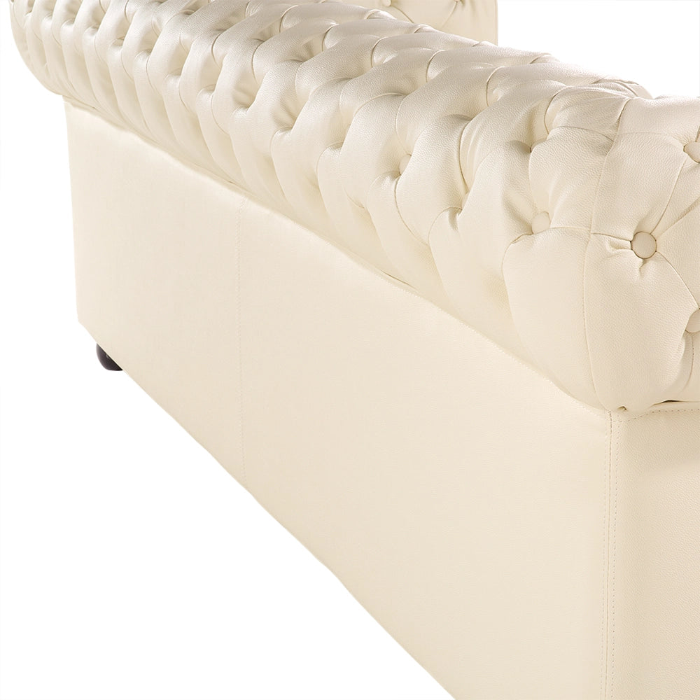 Set soggiorno Chesterfield tappezzeria in pelle crema gambe in legno scuro divano a 3 posti + poltrona contemporanea