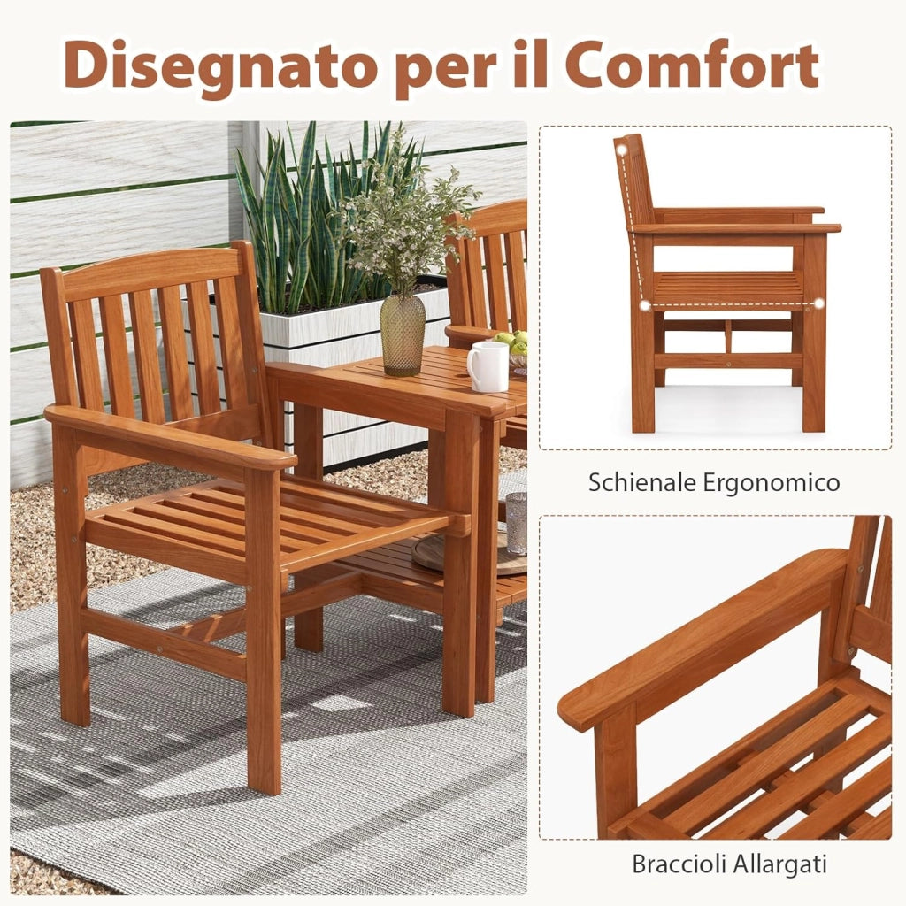 Set di 3 Pezzi da Giardino, Tavolino e 2 Sedie da Patio in Legno, con Foro per Ombrellone, Set di Mobili da Esterno a 3 Pezzi per Giardino, Tavolino Portato 35 kg, Sedia Portata 120 kg