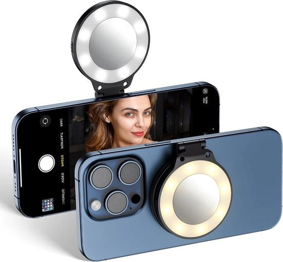 Lampada da Autoportretto con Specchio - Illuminazione per Telefono Ricaricabile - 3 Impostazioni di Brillantezza - 180° Rotazione - Streaming Selfie - Video per TikTok e Instagram - Riunioni Video