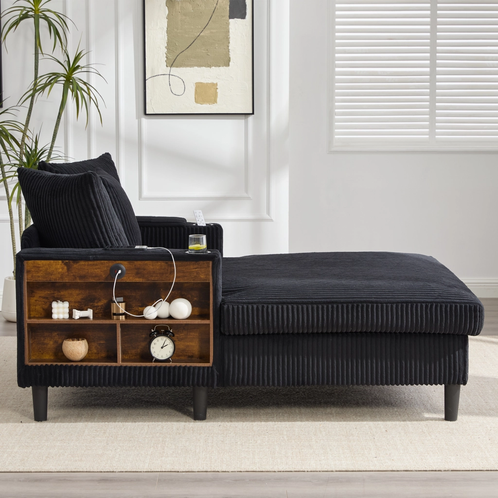 Chaise longue con portabicchieri, luci LED, tasca laterale, vano contenitore e porta USB in velluto a coste nero
