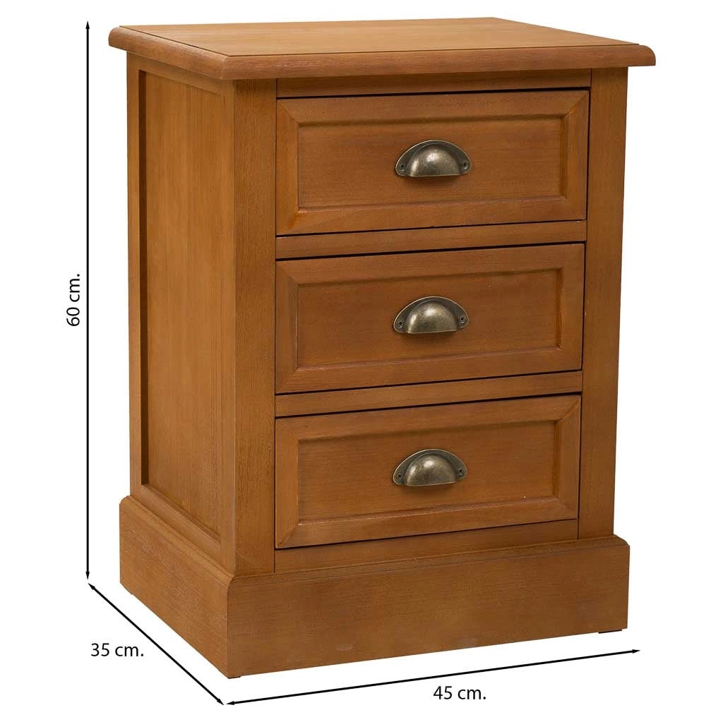 Comodino in legno con 3 cassetti marrone 45x35x60