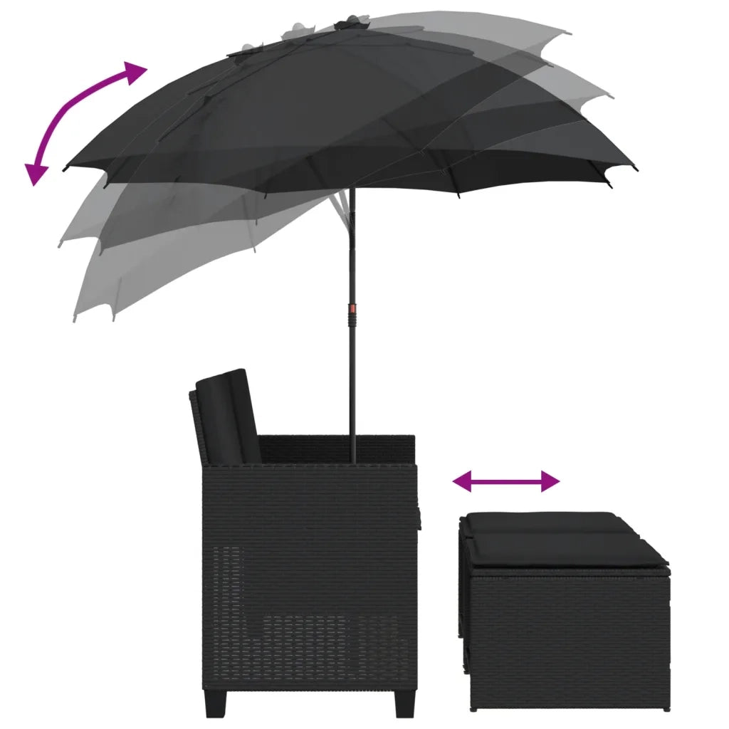Divano Giardino 2 Posti-Sofa da Giardino-Divanetto da esterno Ombrellone e Sgabelli Nero Polyrattan 270598