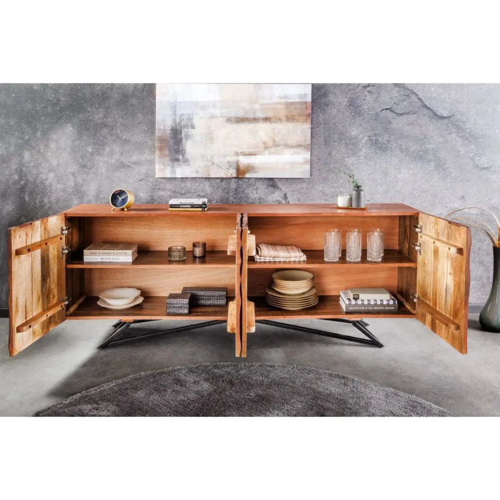 Buffet ZENWOOD 180 cm – Legno massiccio scolpito 3D e metallo nero – 4 porte