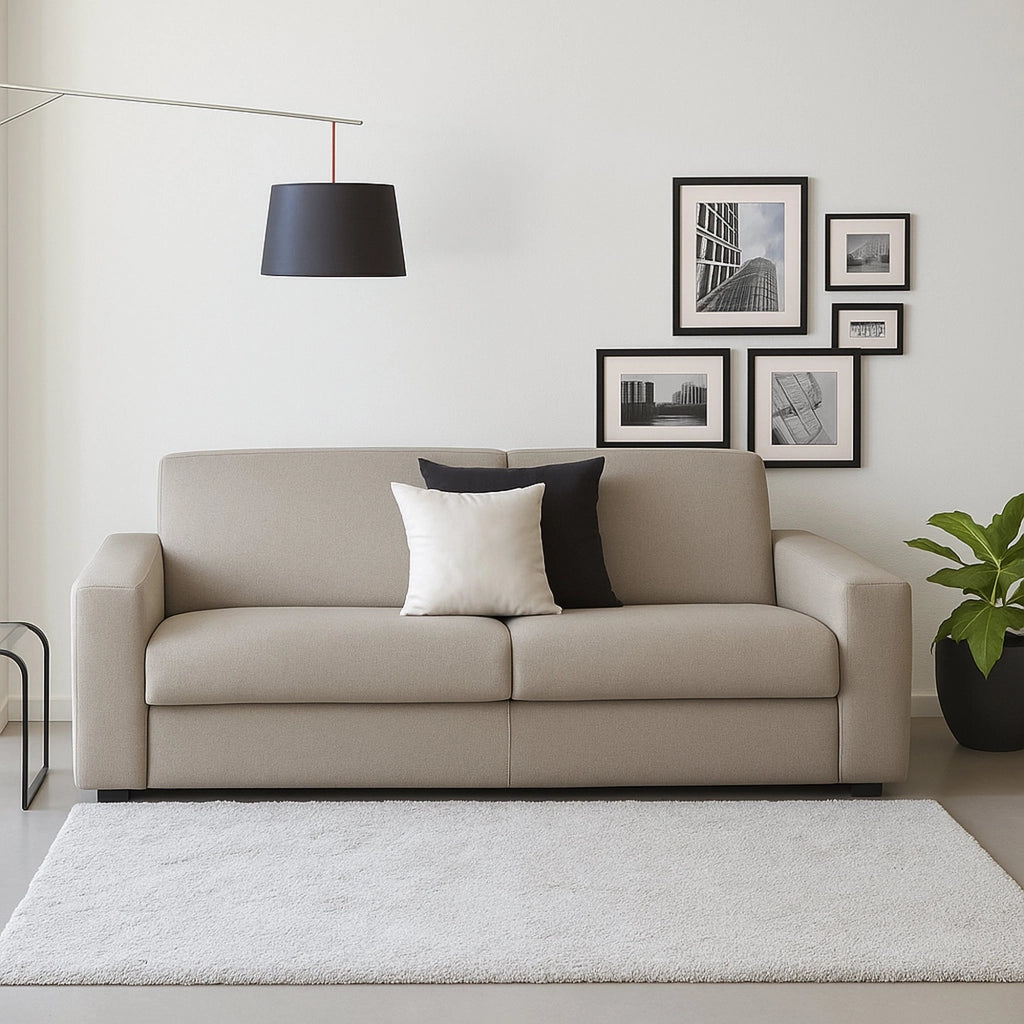Divano fisso Cianite, Divano a 2 posti Large, Made in Italy, SofÒ  Soggiorno, in tessuto imbottito, con Braccioli slim, cm 180x95h90, Tortora
