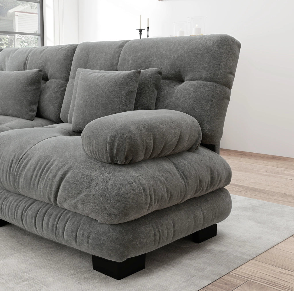Divano modulare 406x145x81 cm con pouf mobili in chenille grigio