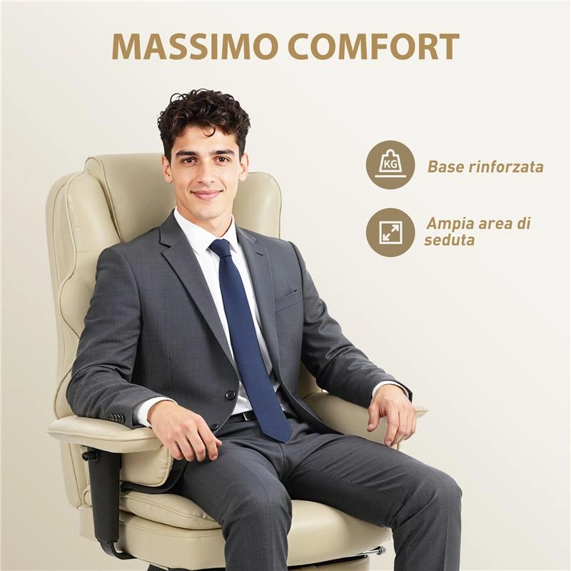 SEDIA DA UFFICIO CON POGGIAPIEDI E POGGIATESTA, IN PELLE PU, SCHIUMA E METALLO, 76X73X117-125 CM, BIANCO CREMA