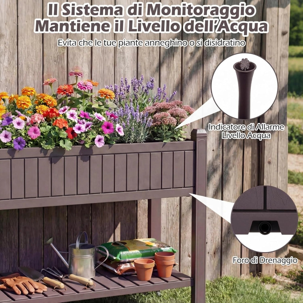 Letto da Giardino Rialzato con Ruote, Fioriera Elevata Divisibile con Monitor d’Acqua, Foro di Drenaggio e Ripiano per Verdure, Erbe, Contenitore Impermeabile per Piante da Cortile e Patio