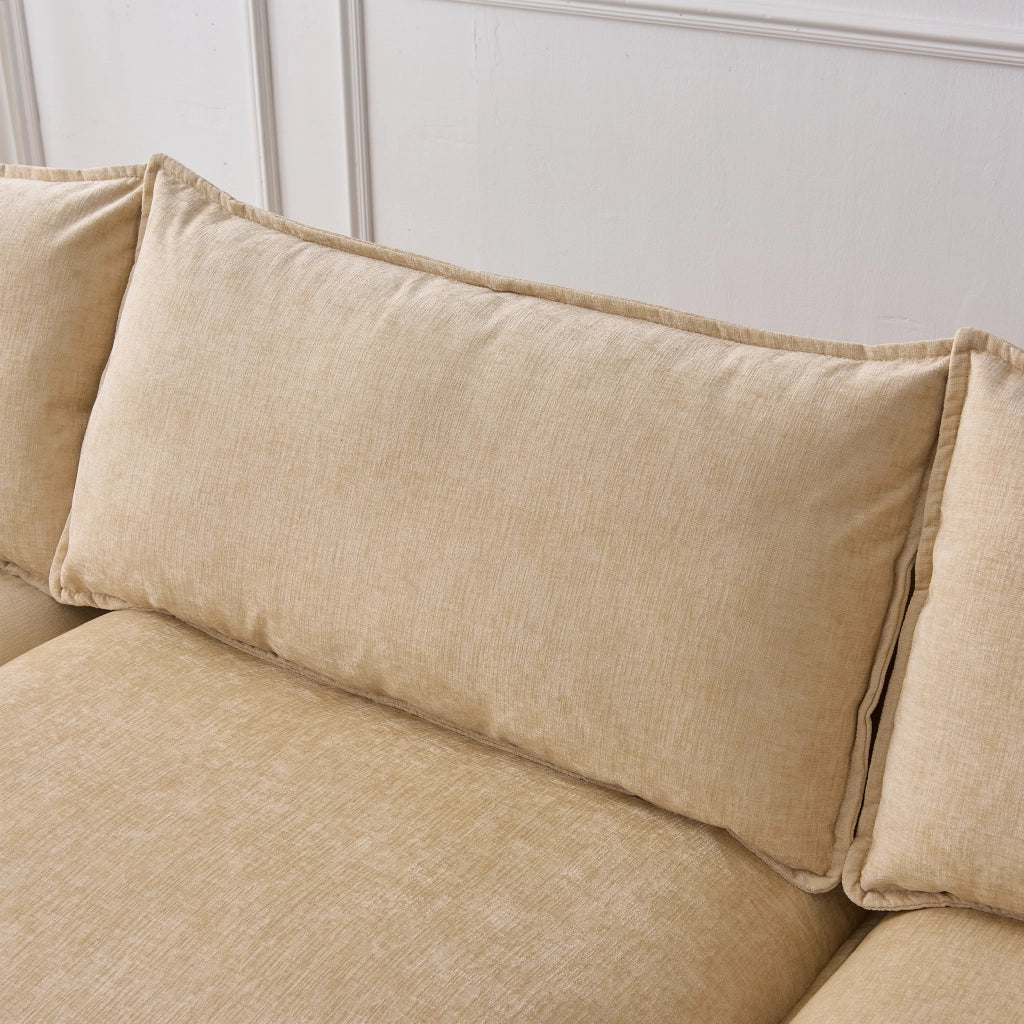 Divano angolare 3 posti con chaise longue e pouf modulare in chenille caffè chiaro