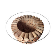 Tavolino basso ARBOREA rotondo 70 cm in legno massiccio e vetro temperato - piede centrale design in tronchetti
