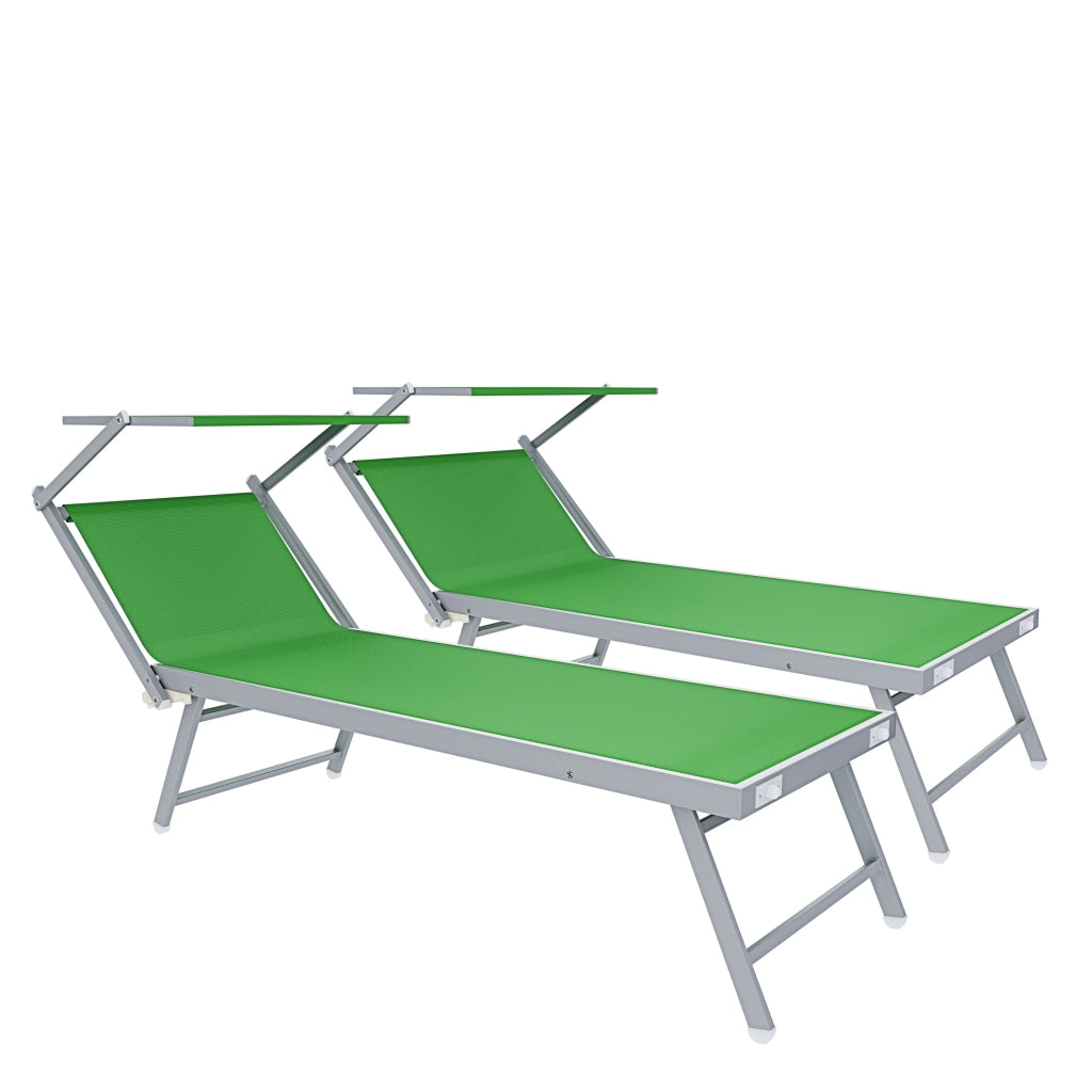 Set 2 Lettini Prendisole Pieghevoli Professionali In Alluminio Leggero Con Tettuccio Parasole Regolabile Sdraio Relax Mare Spiaggia Piscina Giardino Terrazza 182 x 60 x 38 Cm Verde
