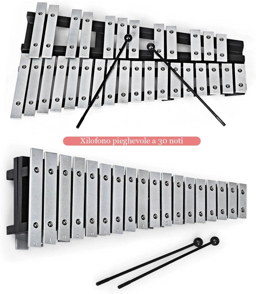 Xilofono 30 Note, Metallofono per Bambini, Glockenspiel Pieghevole con 2 Bacchete e Borsa, Strumento a Percussione a Mano per Bambini e Adulti