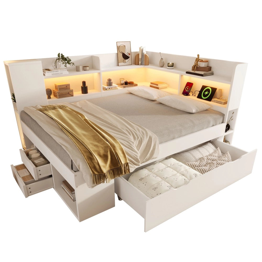 Letto Contenitore 140x200 con LED, USB, Cassetti e Rete a Doghe ¨C Xylo ¨C Bianco, con Materasso