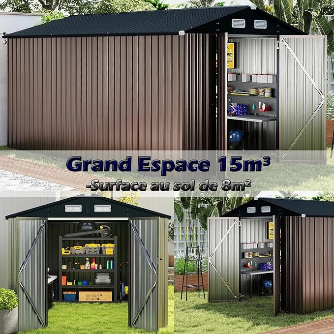 Casetta da Giardino 350 x 223 x 197 cm,con Tetto Inclinato e Porta Doppia, con 4 Finestre Traspiranti, Magazzinaggio Attrezzi